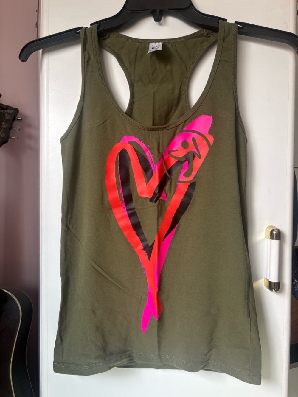 Zumba Fitness Olive Tank with Neon Pink and Red Heart Graphic